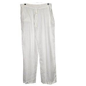 Dolma S/M White Linen Drawstring Pants Elastic‎ Waist & Pockets Pull On Wide Leg